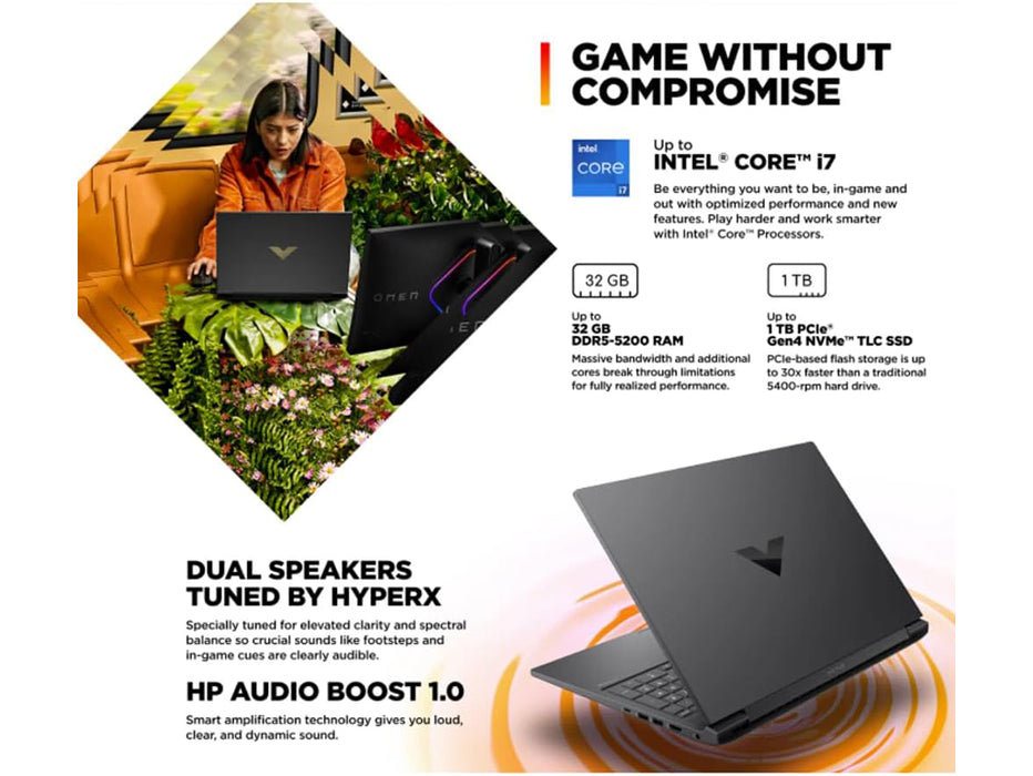 HP Victus 16-r100 Gaming Laptop, i7-14700HX, 16GB, 512GB SSD, 16 Inch FHD 144Hz, RTX 4060 8GB, Win 11, Mica Silver | 91C59AV-4