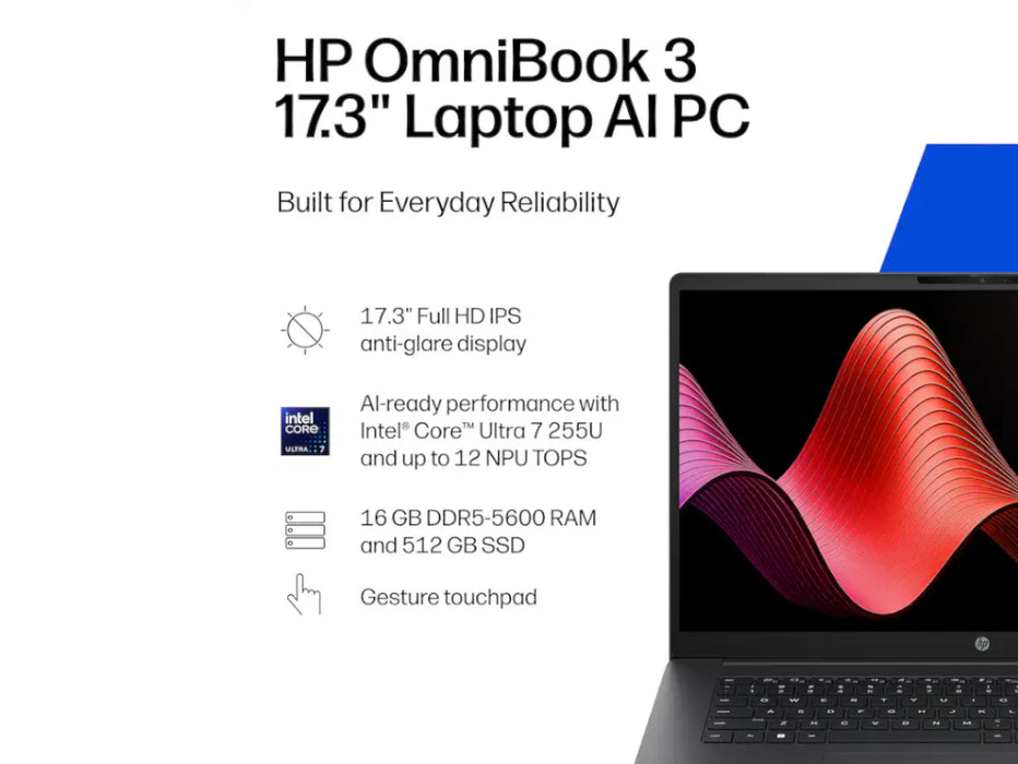 HP OmniBook 3 AI PC 17-dg0000, Ultra 7-255U, 17.3 Inch FHD, Windows 11, Mica Silver | D7NF3UA