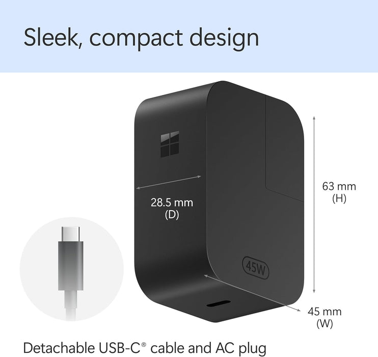 Microsoft Surface USB-C type Charger 45W USB-C PD output fast charging of Surface devices, Black | EP2-29822