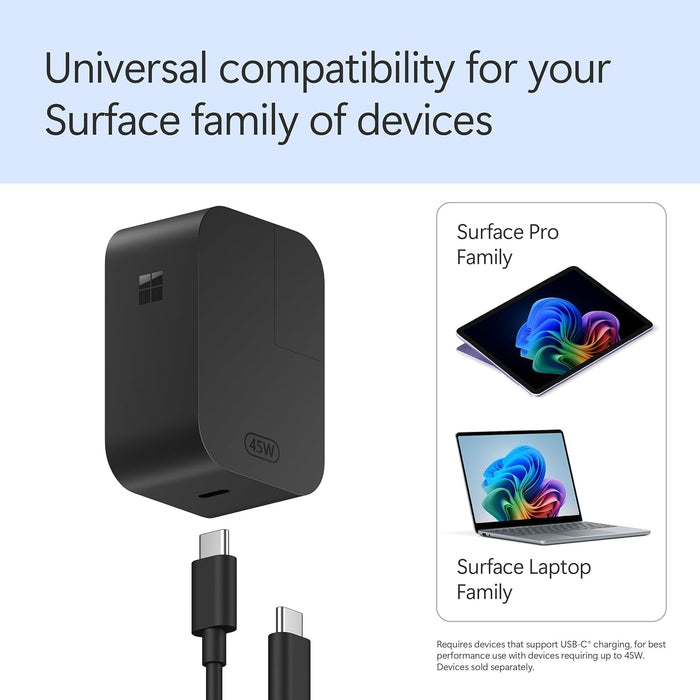 Microsoft Surface USB-C type Charger 45W USB-C PD output fast charging of Surface devices, Black | EP2-29822